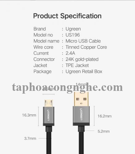 Ugreen 40347 0.5M màu Đen Cáp sạc truyền dữ liệu USB 2.0 sang 2 đầu MICRO USB cao cấp US196 30040347